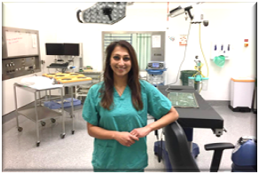 Shabnam Parkar wearing scrubs in operating theatre